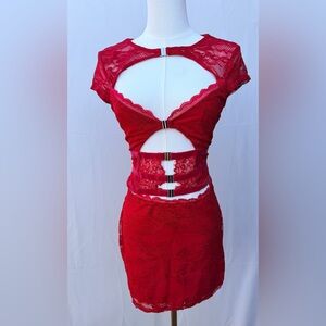 Blanc Clothing Red Lace Cutout Bodycon Dress | Size L